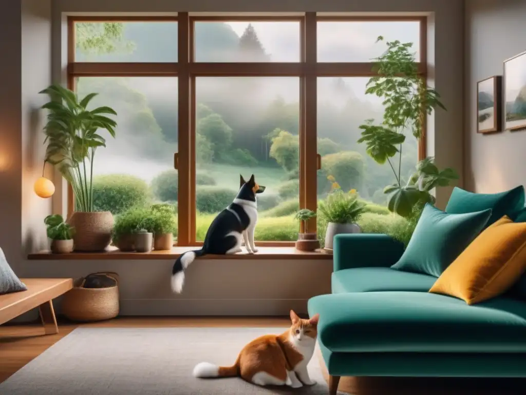 Armonía en casa: persona relajada con perro y gato en acogedor salón Un hogar acogedor con terapia con animales en casa: persona, perro y gato disfrutan juntos de paz y tranquilidad