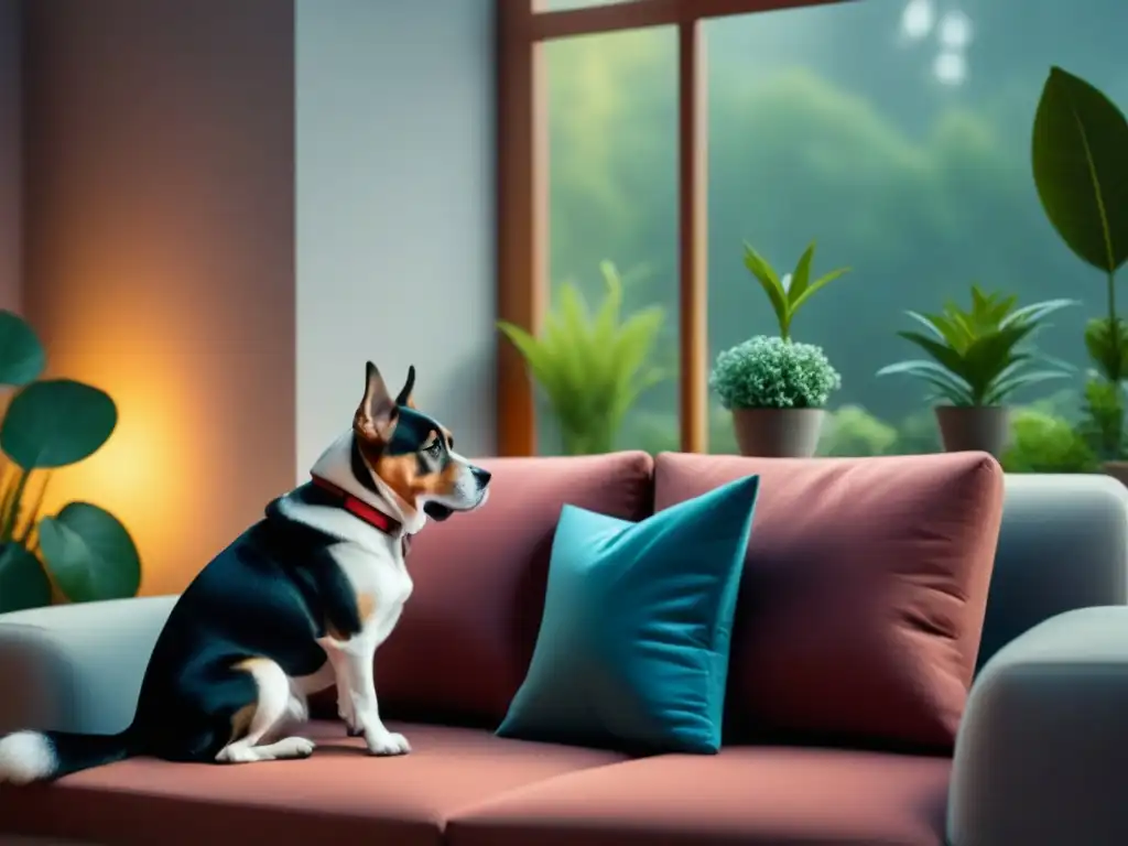 Salón acogedor con jardín: lectura y terapia con perro Un hogar acogedor y tranquilo, donde se practica la terapia con animales en casa