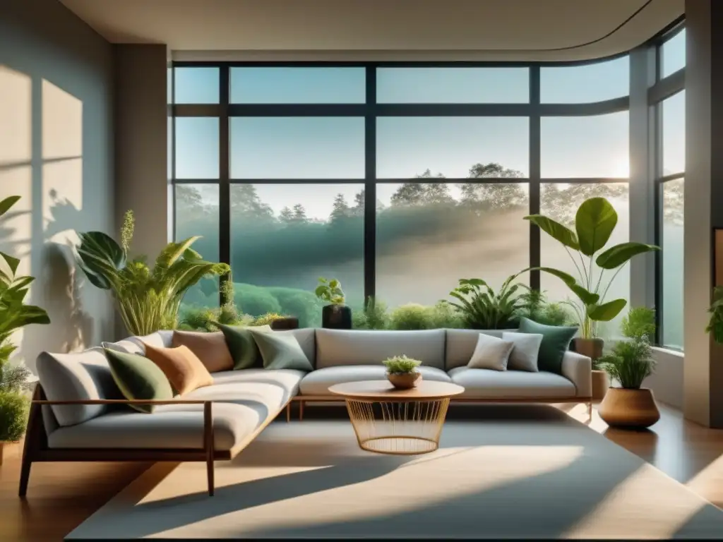 Espacio interior saludable: serenidad en luz natural Un hogar armonioso y saludable, con luz natural y plantas, destacando la importancia de la calidad del aire interior