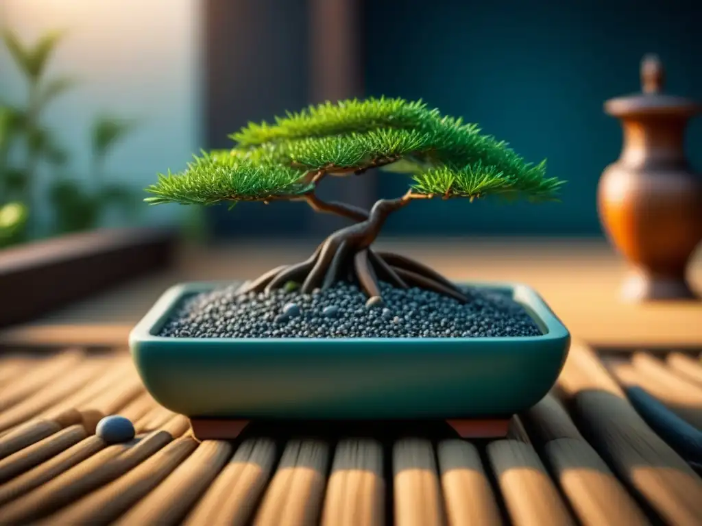 Jardín Zen: armonía y serenidad con bonsái y bambú Decoración Zen para hogar relajante: Jardín Zen con bonsái, piedras, bambú y luz filtrándose entre las hojas, transmitiendo paz y equilibrio