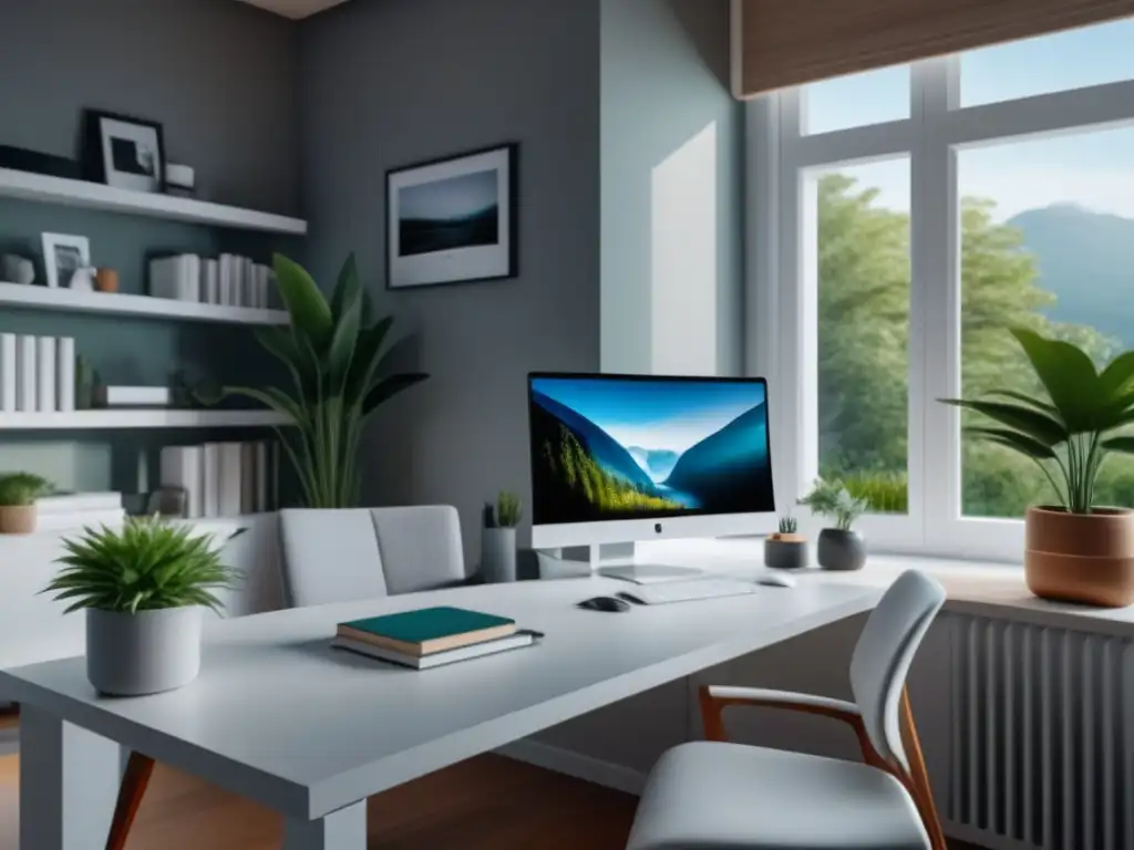 Oficina en casa minimalista y serena con vista al jardín Un hogar minimalista y sereno con un espacio de trabajo en casa, ideal para fomentar la paz y la productividad