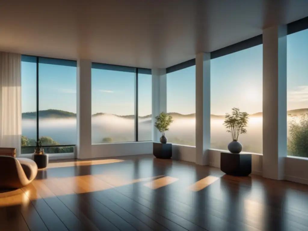 Espacio luminoso y minimalista con cortinas blancas al viento Un hogar moderno bañado por una suave iluminación natural, con cortinas blancas ondeando al viento
