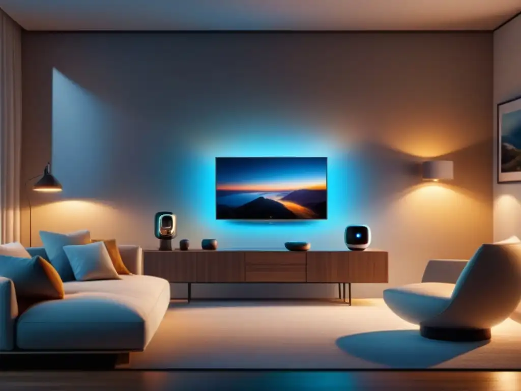 Salón moderno con luces inteligentes y tecnología integrada en 8k Un hogar moderno con luces inteligentes para hogar integradas, creando un ambiente sereno y acogedor