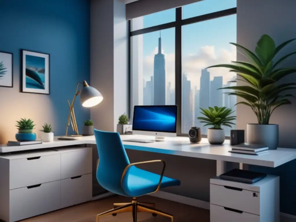 Oficina en casa minimalista: diseño moderno y luminoso Un hogar moderno y minimalista con colores para productividad en casa: escritorio blanco, planta, silla ergonómica y lámpara azul