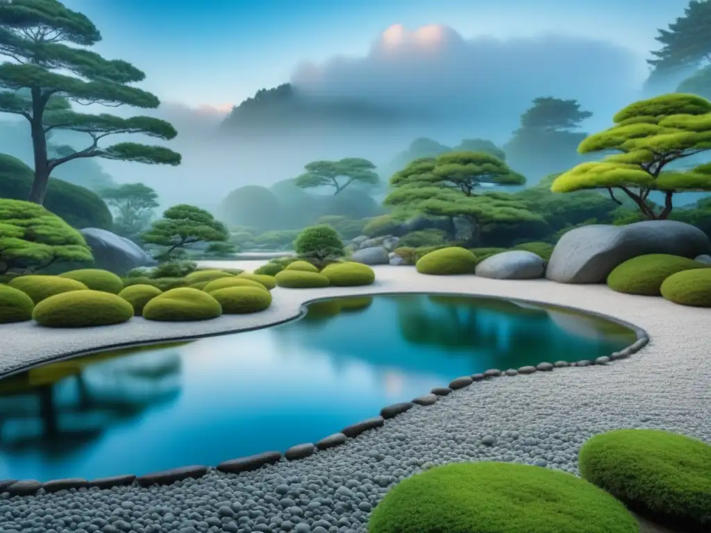 Jardín Zen japonés: armonía y paz en la naturaleza Decoración zen para hogar relajante: Jardín japonés con patrones en rocas, estanque y verdor, simbolizando armonía y tranquilidad