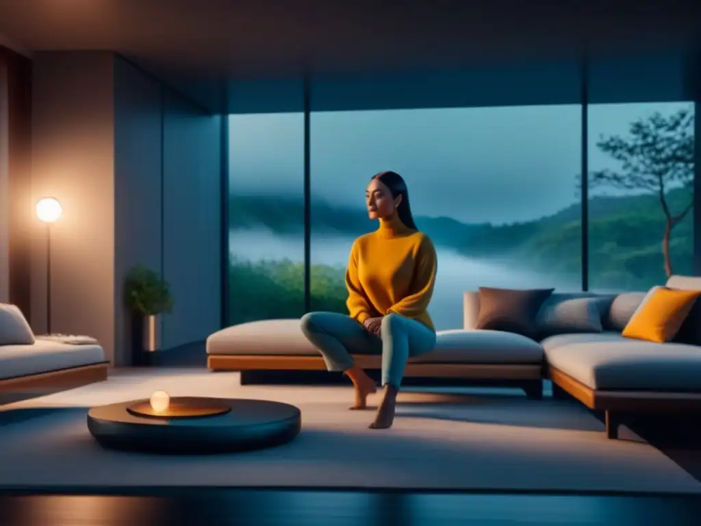 Salón minimalista con iluminación inteligente y acogedora Hogar relajante con luces inteligentes creando ambiente acogedor