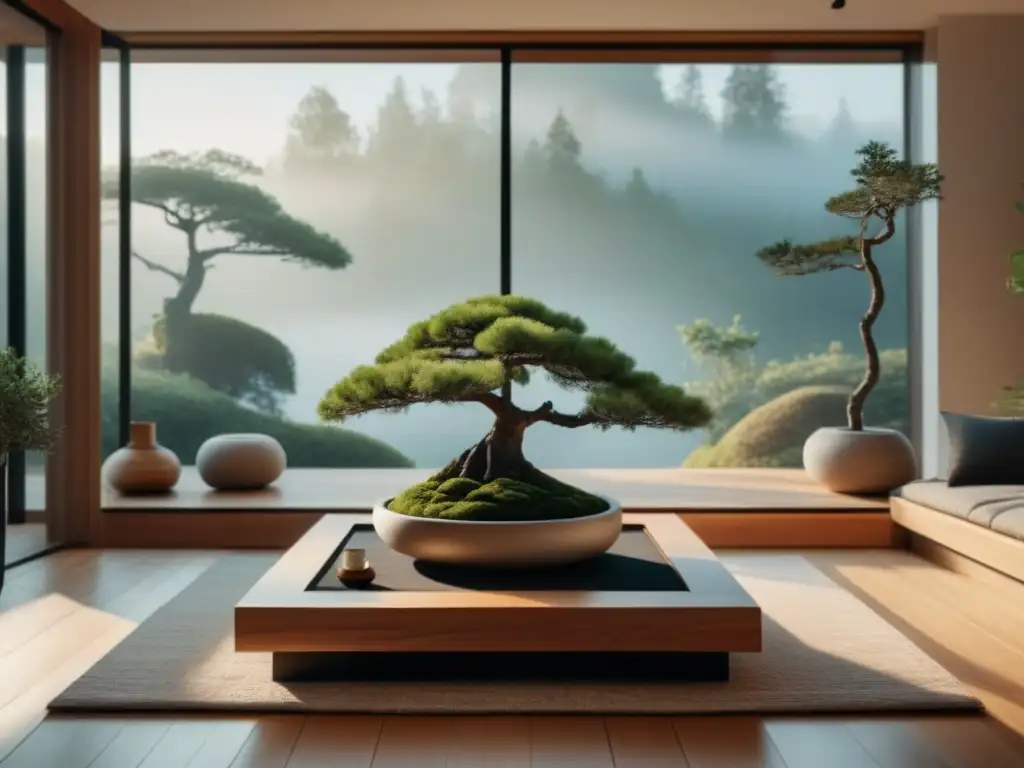 Salón minimalista sereno con bonsái y jardín Decoración zen para hogar relajante: Sala minimalista serena con bonsái, almohadones y inciensario