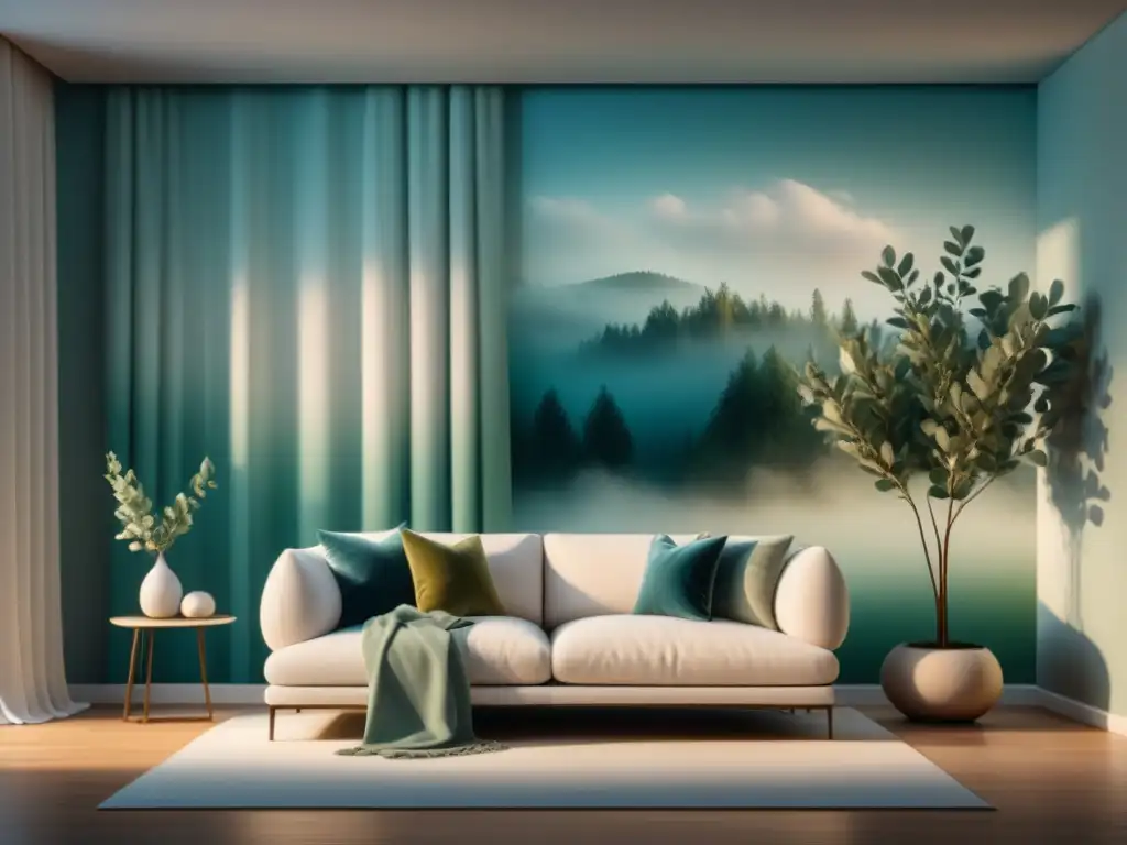 Decoración para un hogar relajante: Sala minimalista con tonos suaves y acogedor sofá blanco con cojines en tonos pastel