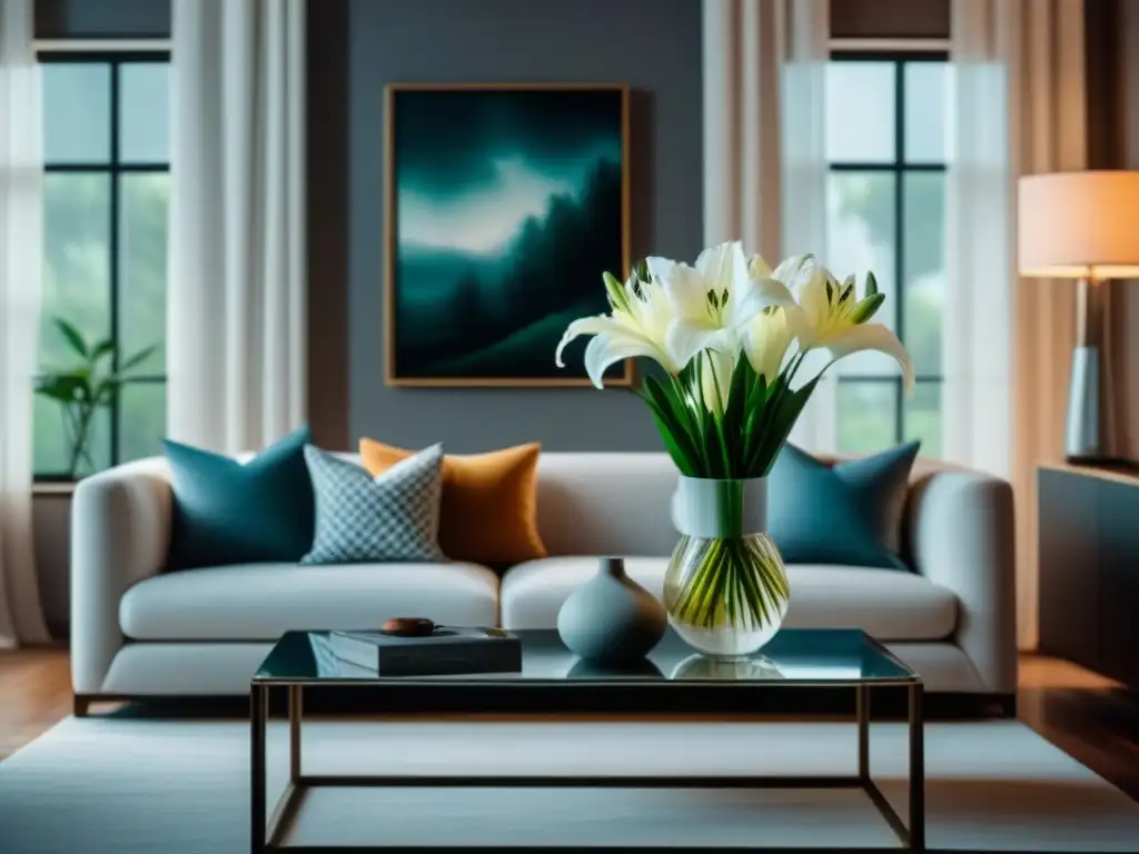 Decoración para un hogar relajante: sala tranquila con sofá blanco, cojines grises, mesa de cristal, lirios blancos y pintura abstracta