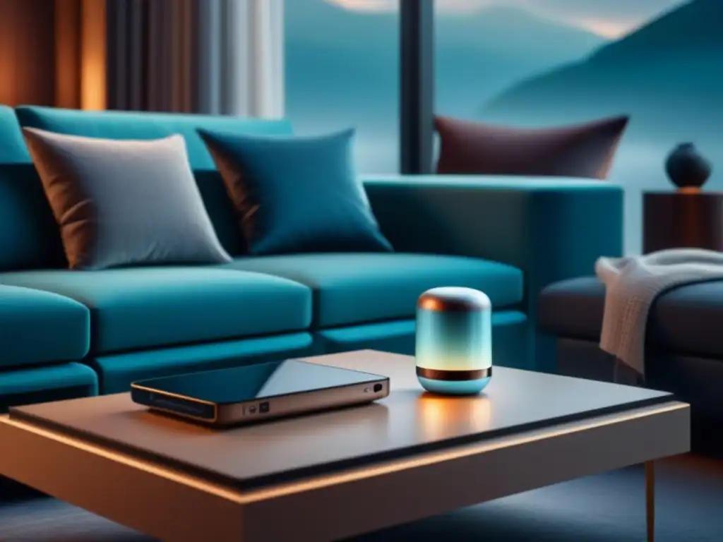 Salón moderno con dispositivo inteligente y ambiente sereno Innovación y relajación en el hogar: Sala minimalista con gadget inteligente y ambiente tranquilo