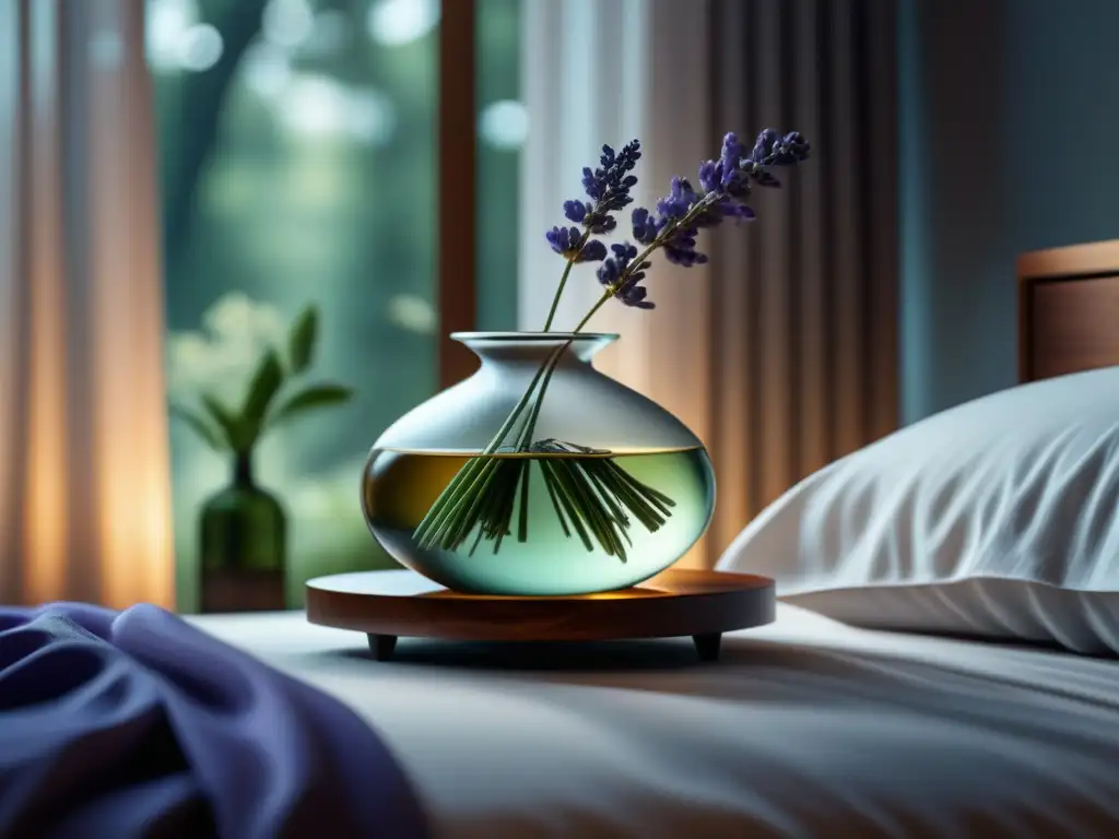 Refugio sereno: difusor de aceites esenciales en dormitorio minimalista Hogar sereno con aromaterapia para principiantes en casa: dormitorio minimalista con difusor de aceites esenciales y lavanda en florero