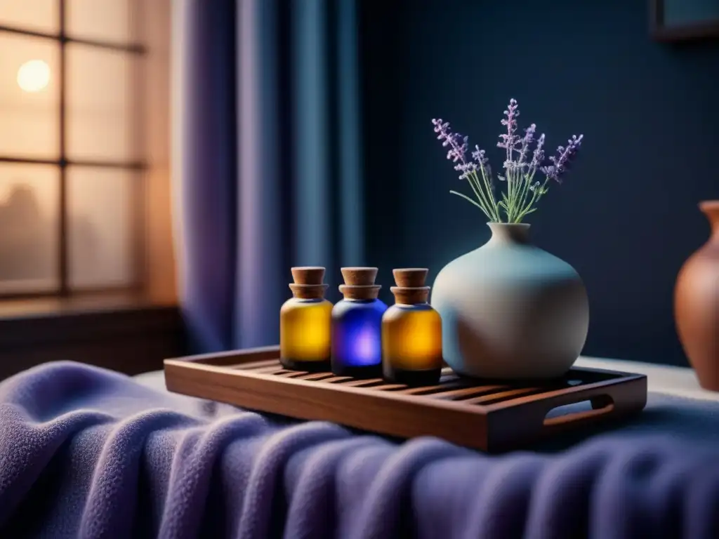 Espacio zen con aceites esenciales y lavanda Un hogar sereno con aromaterapia para principiantes en casa: esenciales, difusor, toalla blanca y lavanda en maceta