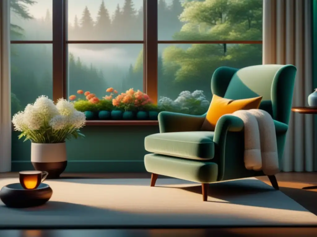 Acogedora sala de lectura para relajación y mindfulness Un hogar sereno con luz ambiental, libros de mindfulness y taza de té, ideal para relajación progresiva ansiedad estrés
