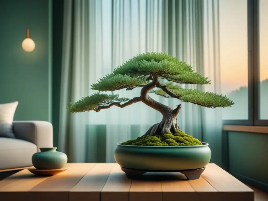Tranquilidad y armonía: sala minimalista con bonsái Un hogar sereno y minimalista con un bonsái perfectamente arreglado en una mesa de café impecable