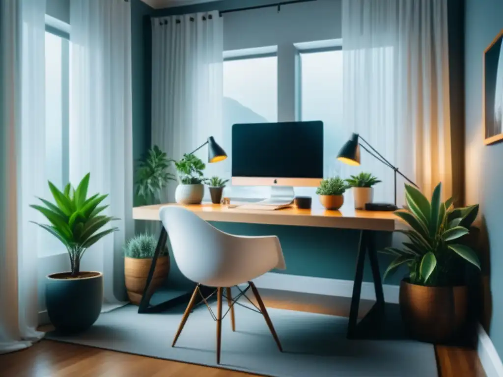 Oficina en casa minimalista y serena con plantas y luz natural Un hogar sereno y minimalista con un escritorio blanco, silla ergonómica, plantas y luz natural