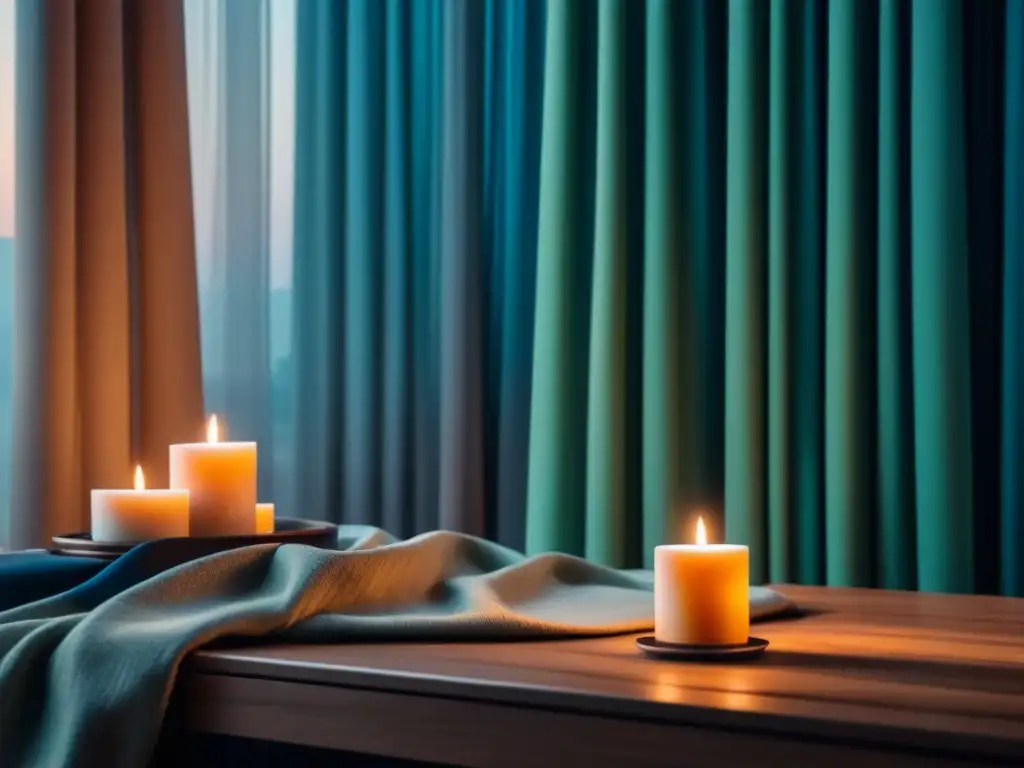 Interior minimalista sereno con aromas relajantes y fuente Un hogar sereno con tonos neutros, texturas naturales y velas aromáticas, perfecto para infusiones aromáticas para hogar relajante