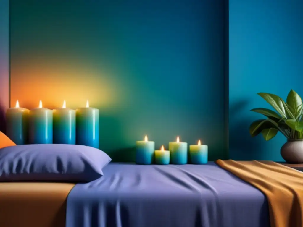 Espacio sereno con velas cromoterapia: relajación y bienestar Un hogar sereno con velas cromoterapia, muebles elegantes y plantas verdes, ideal para bienestar