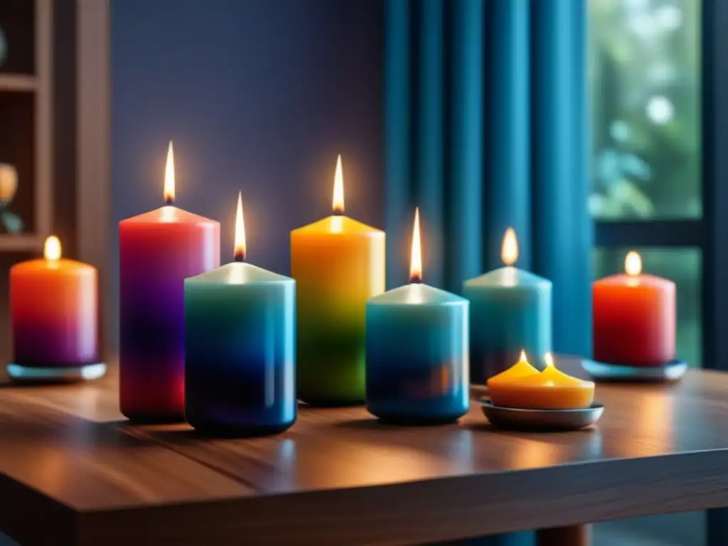 Armonía cromática: mesa de madera con velas de cromoterapia en 8k Un hogar sereno con velas cromoterapia que brindan bienestar en una mesa de madera