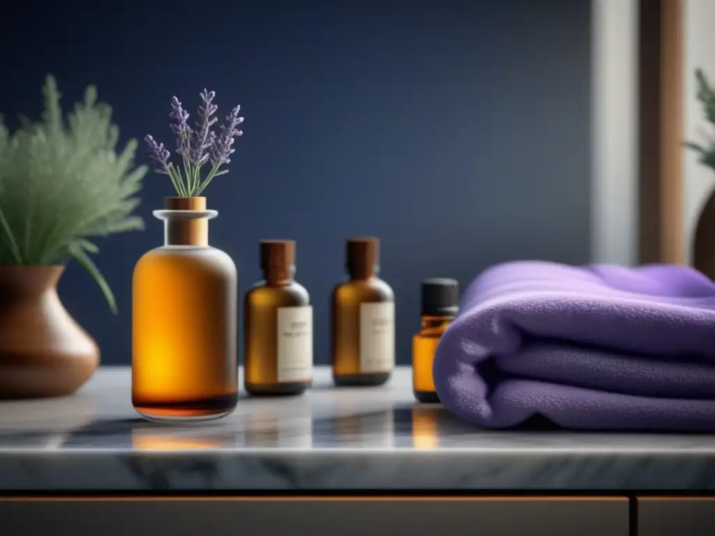 Tranquilidad en casa: difusor de aceites esenciales en spa minimalista Un hogar spa sereno y minimalista con difusor de aceites esenciales emitiendo suave niebla, rodeado de botellas en mármol