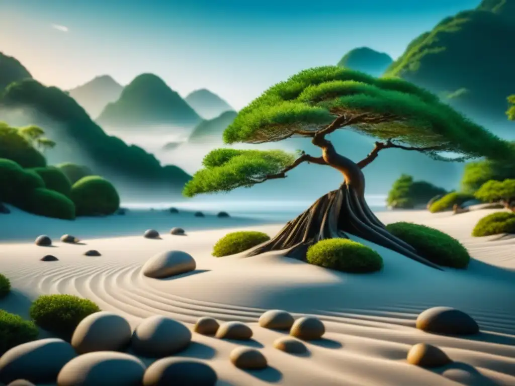 Jardín Zen: armonía y serenidad con bonsái elegante Decoración zen para hogar relajante: Jardín Zen tranquilo con arena blanca, rocas de río y bonsái elegante