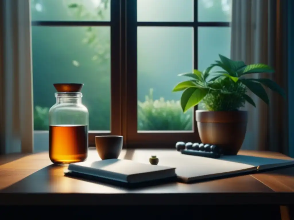 Oficina en casa zen: escritorio de madera, té y suplementos naturales Un hogar tranquilo con un escritorio de madera, planta, té de hierbas y suplementos naturales para energía