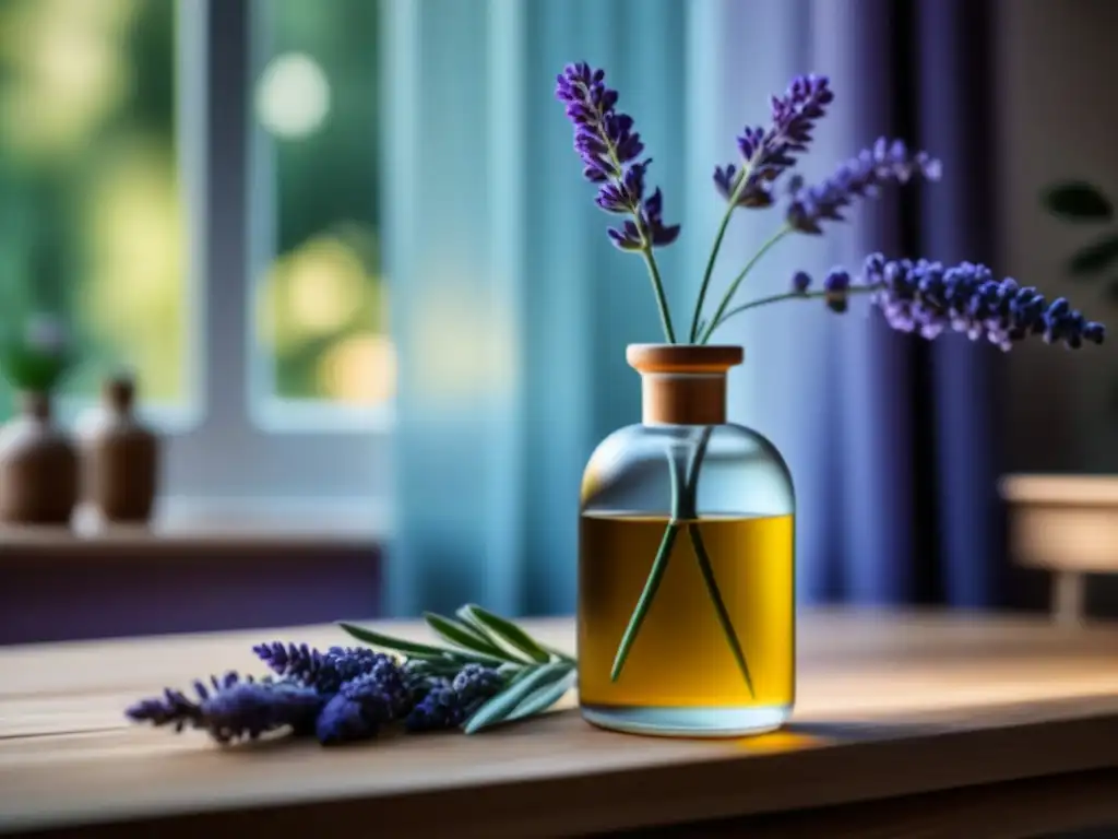 Spray relajante de lavanda en ambiente sereno Un hogar tranquilo iluminado con suavidad, donde destaca un spray ambiental relajante para hogar rodeado de lavanda y eucalipto