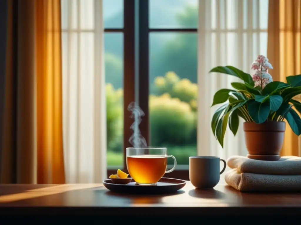 Hogar tranquilo con silla junto a la ventana, taza de infusión de jengibre en la mesa rodeada de plantas en flor