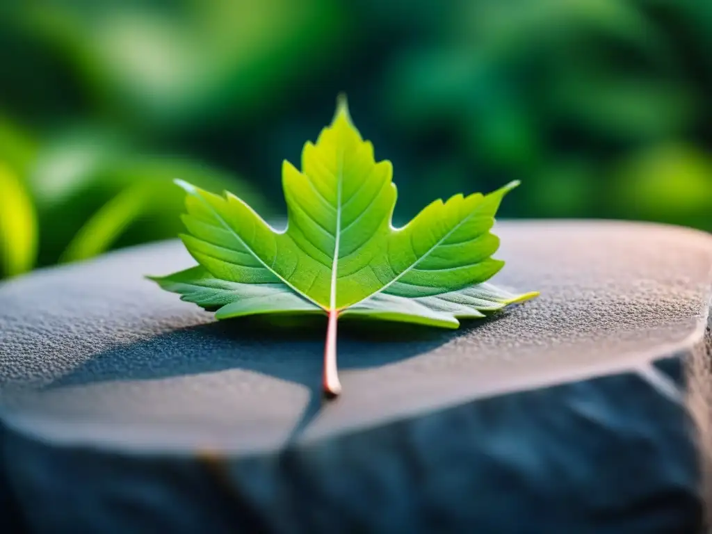 Armonía natural: hoja verde sobre piedra en jardín tranquilo Una hoja verde en equilibrio sobre una piedra, en un jardín tranquilo