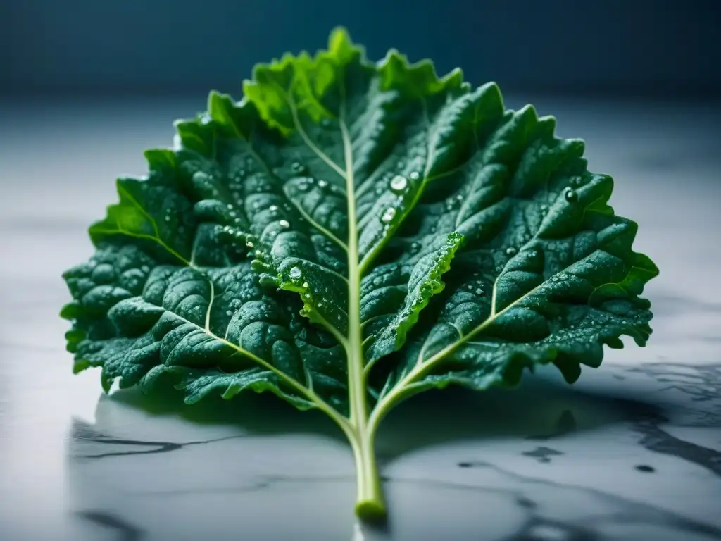 Kale fresco: belleza verde para tu bienestar Una hoja verde de col rizada sobre mármol blanco, con gotas de agua brillantes, exudando frescura y beneficios verduras hoja verde relajación