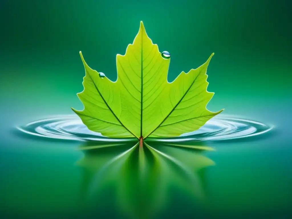 Soluciones ecológicas: hoja verde flotando en agua cristalina Una hoja verde vibrante flota en agua cristalina, reflejando la pureza de soluciones sostenibles filtración agua verde