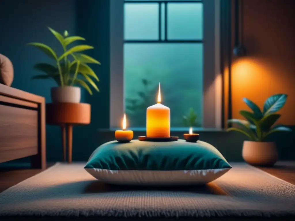 Rincón de meditación en casa: paz y serenidad Un rincón de meditación iluminado con una luz inteligente para meditación en casa
