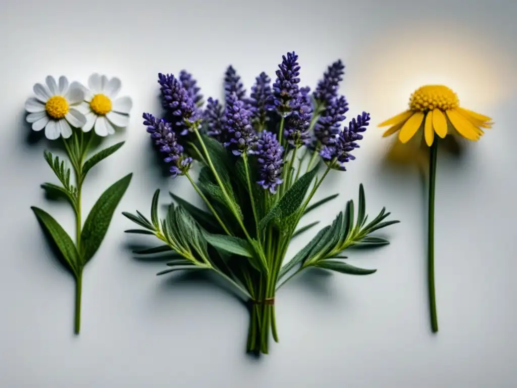 Armonía botánica: plantas medicinales para mejorar el ánimo Una ilustración serena y minimalista de plantas medicinales como lavanda, manzanilla y ginseng, detalladas y coloridas en un fondo blanco