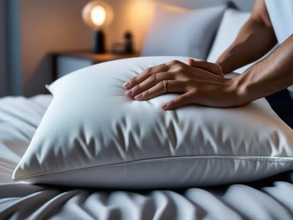 Serenidad en tus manos: la almohada perfecta para un sueño reparador Imagen de una almohada blanca impecable sostenida con cuidado en manos suaves, en un ambiente calmante
