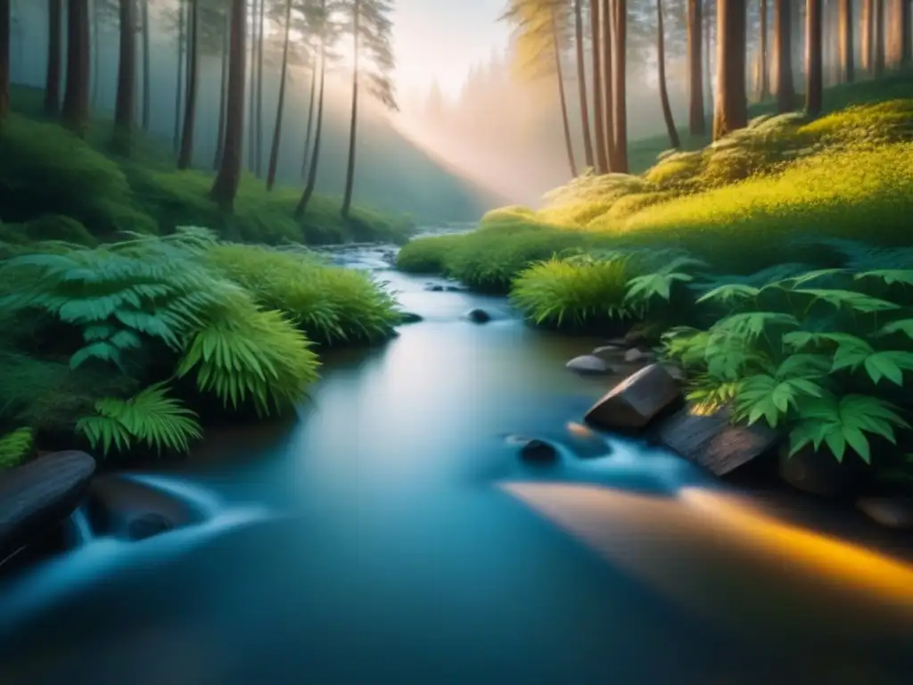 Bosque tranquilo: luz dorada en armonía con la naturaleza Imagen apacible de un bosque tranquilo con luz solar filtrándose entre las hojas verdes, creando sombras moteadas en el suelo del bosque