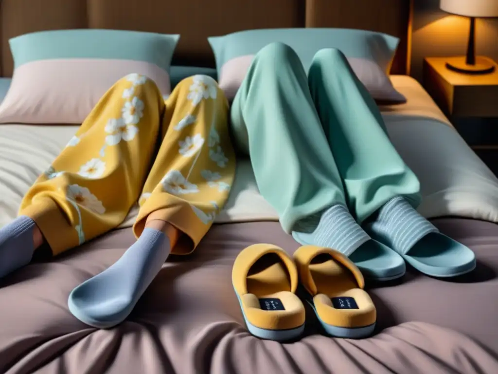 Conjunto de pijamas a juego para parejas: la serenidad de la unión Una imagen detallada de un dormitorio minimalista con pijamas a juego para parejas, transmitiendo intimidad y armonía