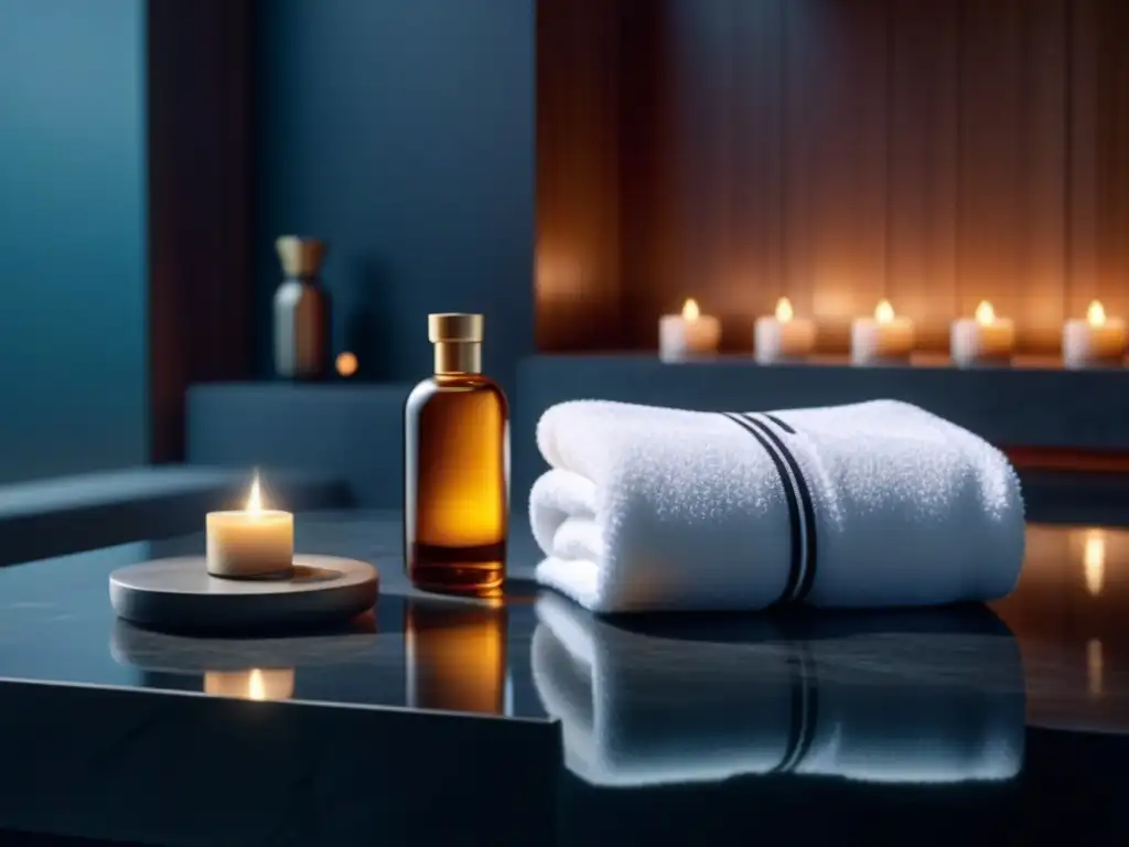 Imagen 8k detallada de un lujoso kit de detox en un spa, con elegantes botellas y toalla