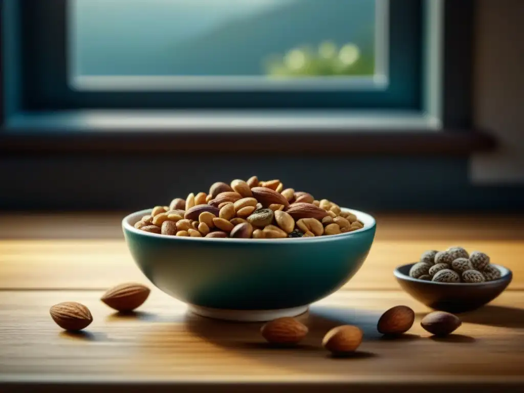 Deliciosos frutos secos y semillas para una alimentación saludable Una imagen minimalista de frutos secos y semillas en un bol sobre una mesa de madera clara, con luz natural