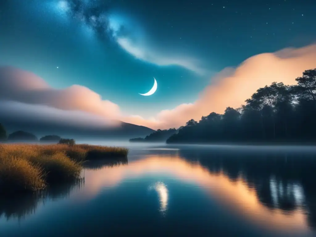 Imagen relajante de noche estrellada con río sereno iluminado por luna creciente
