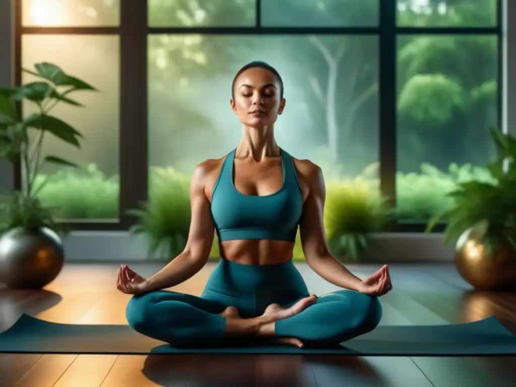 Yoga en armonía: meditación serena en entorno natural Una imagen de alta resolución de un practicante de yoga en meditación, rodeado de vegetación