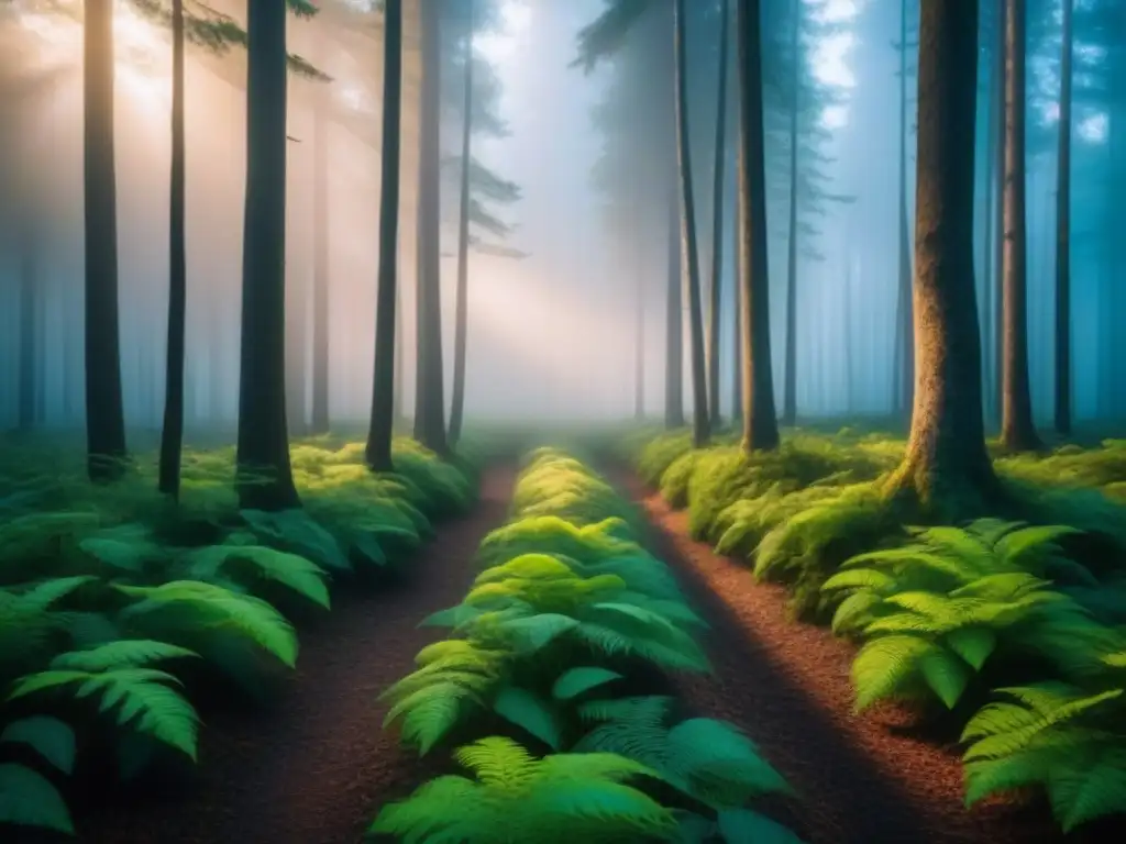 Bosque sereno al amanecer: belleza natural Imagen serena de un bosque tranquilo al amanecer, con luz suave entre los árboles