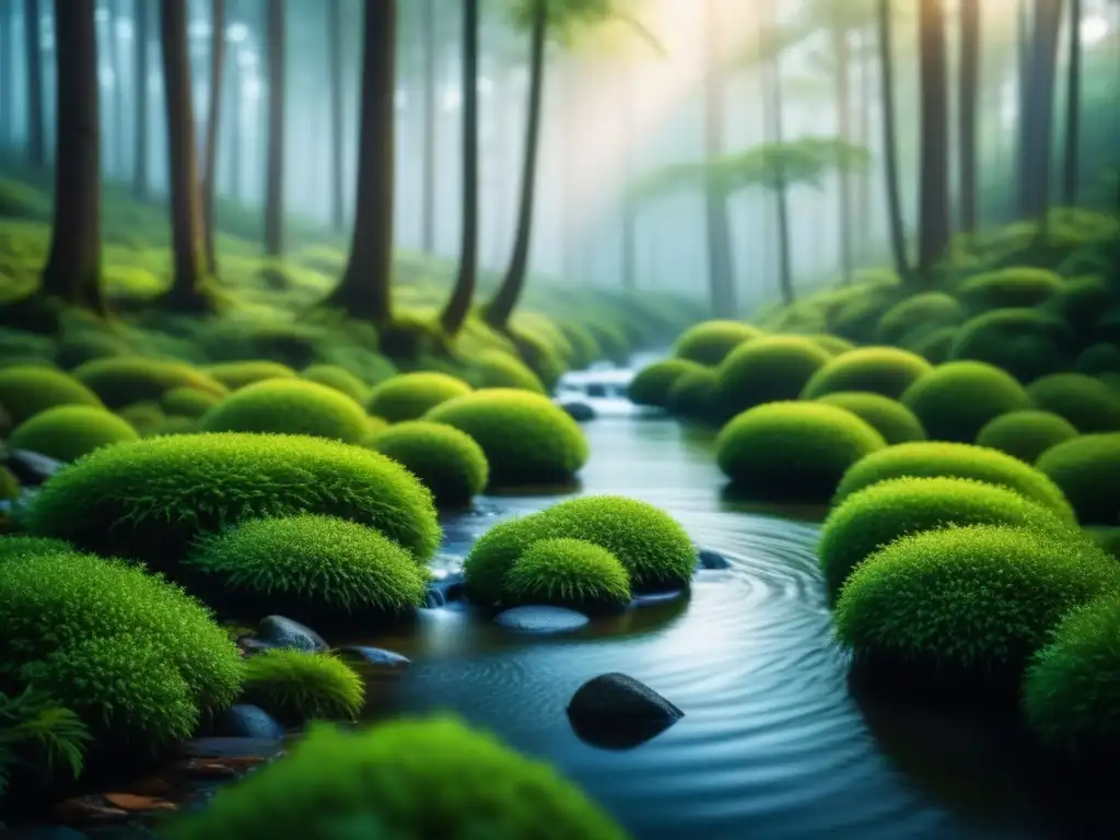 Escena serena en el bosque: luz filtrada, sombras suaves y tranquilidad Imagen serena de un bosque tranquilo con luz solar entre las hojas, creando sombras suaves en el musgo
