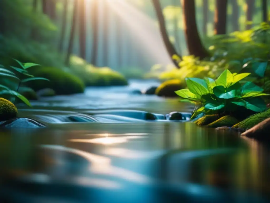 Bosque sereno: luz y tranquilidad verde Imagen serena de un bosque verde con luz solar filtrándose entre las hojas y un arroyo tranquilo