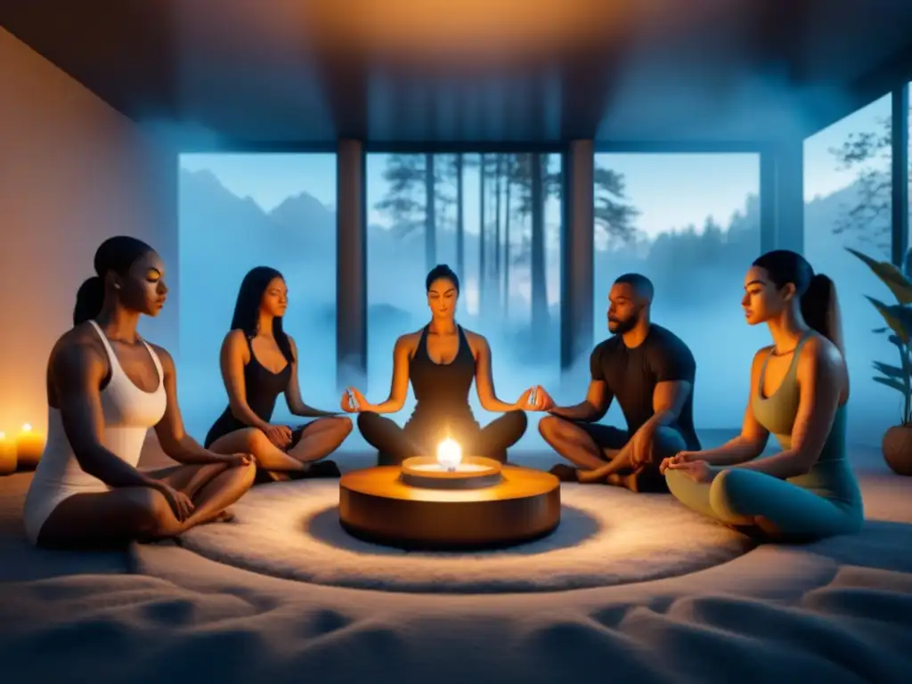 Ritual de armonía: meditación con aromaterapia en círculo Una imagen serena de diversidad y unidad en una sesión de aromaterapia para mejorar la relajación