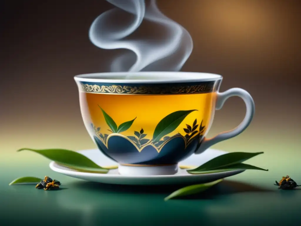 Una imagen serena y lujosa de una taza de porcelana con té oolong dorado y hojas verdes flotando
