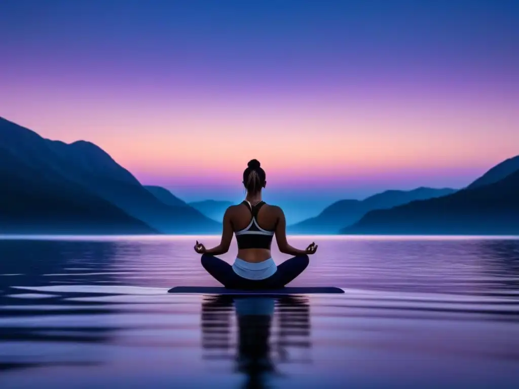 Tranquilidad nocturna: Luna creciente, yoga y paz en el agua Imagen serena de noche con luna creciente y agua tranquila, ideal para rutina del sueño para ansiedad