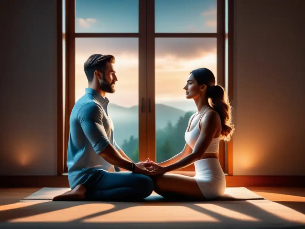 Conexión emocional y energética: pareja practicando Reiki en casa Una imagen serena de una pareja practicando Reiki en casa, fortaleciendo su vínculo emocional