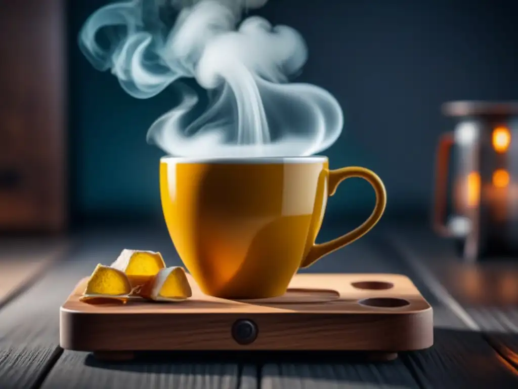 Una imagen serena de una taza de infusión de jengibre en un posavasos de madera moderno, creando un ambiente relajante en casa