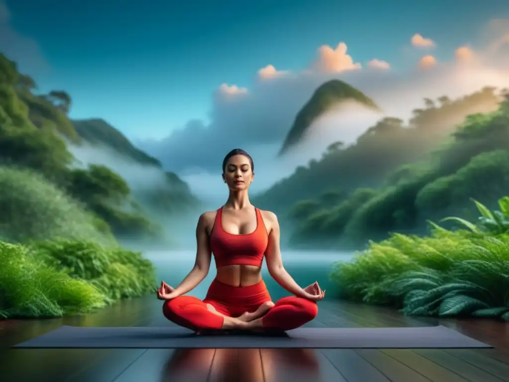 Paz y tranquilidad: persona en postura de yoga rodeada de naturaleza Una imagen serena de yoga en casa, con una persona en postura tranquila rodeada de vegetación, transmitiendo calma