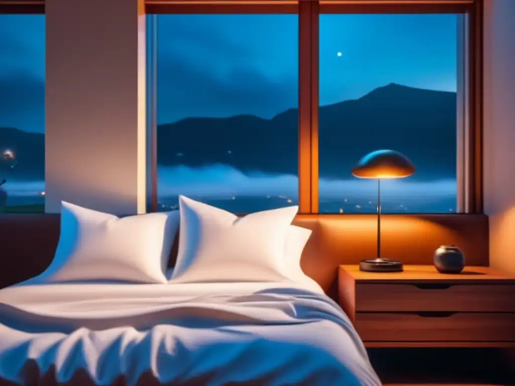 Dormitorio sereno: cama confortable y noche estrellada Importancia del monitoreo del sueño para la salud en una habitación serena y minimalista de noche, con cama cómoda y sábanas blancas