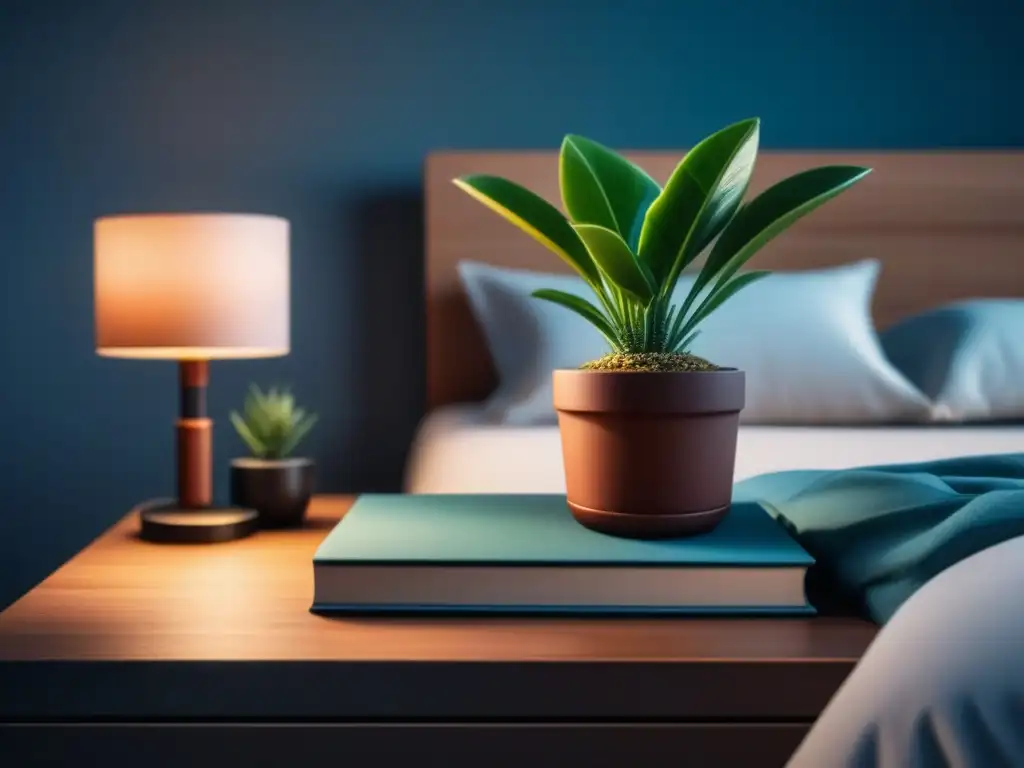 Tranquilidad nocturna: dormitorio minimalista con monitor de sueño Importancia del monitoreo del sueño en la salud: dormitorio sereno con cama acogedora, libros, planta y dispositivo moderno